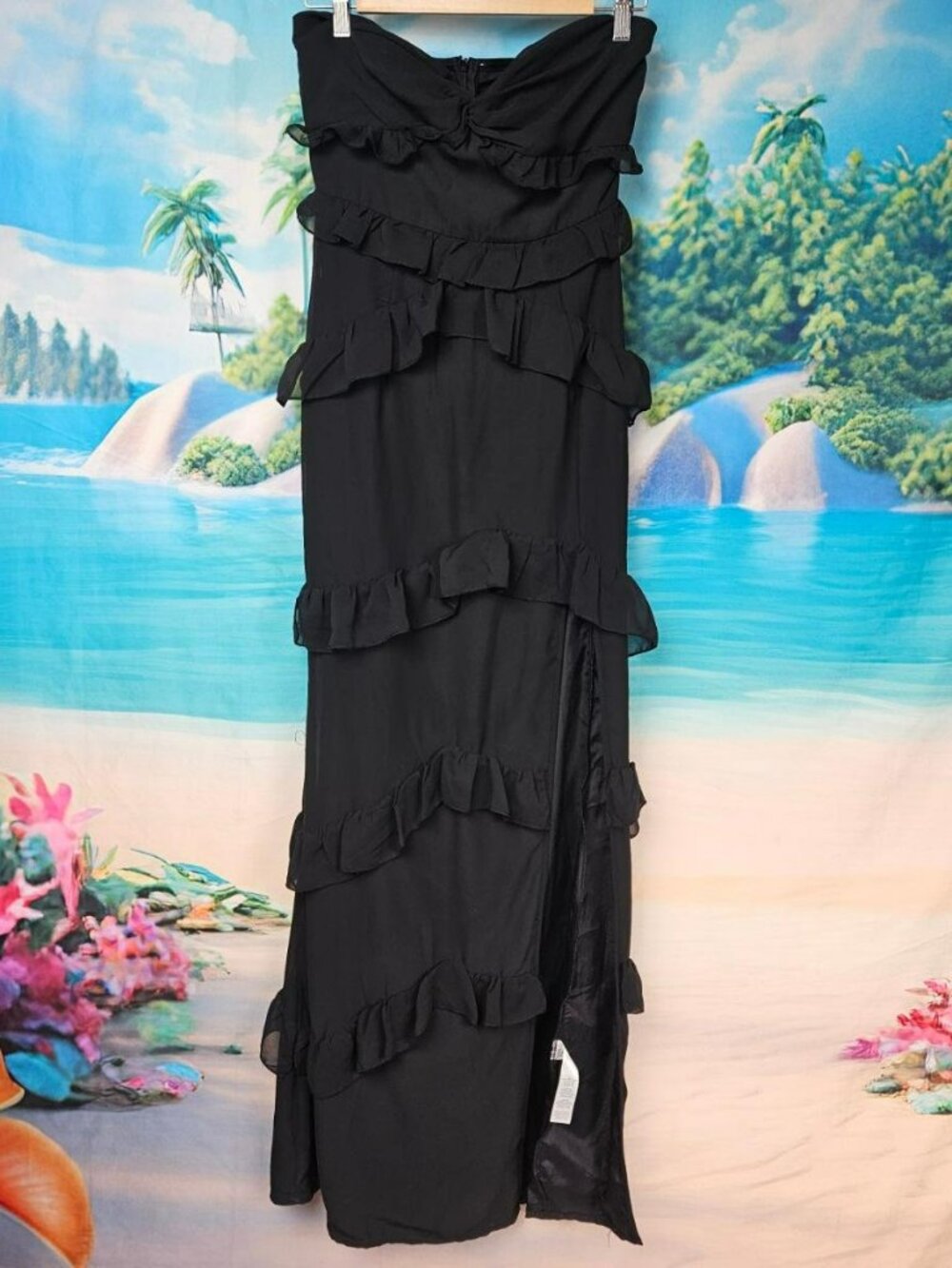 Black Strapless Ruffle Maxi Dress Womens 2 PrettyLittleThing Whimsigoth Vamp